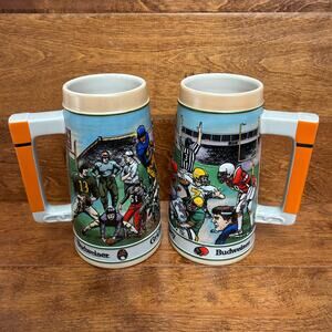 BUDWEISER 2pc Vintage 1989 Football Gridiron Legacy Ceramic Steins Set of 2